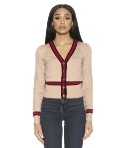 Women's ALEXIA ADMOR Long Sleeve Contrast V-Neck Button Down Cardigan