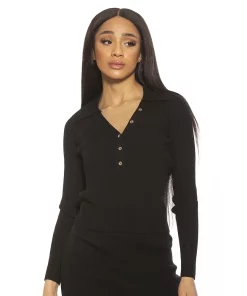 Women's ALEXIA ADMOR Ribbed Knit Short Sleeve Polo Top